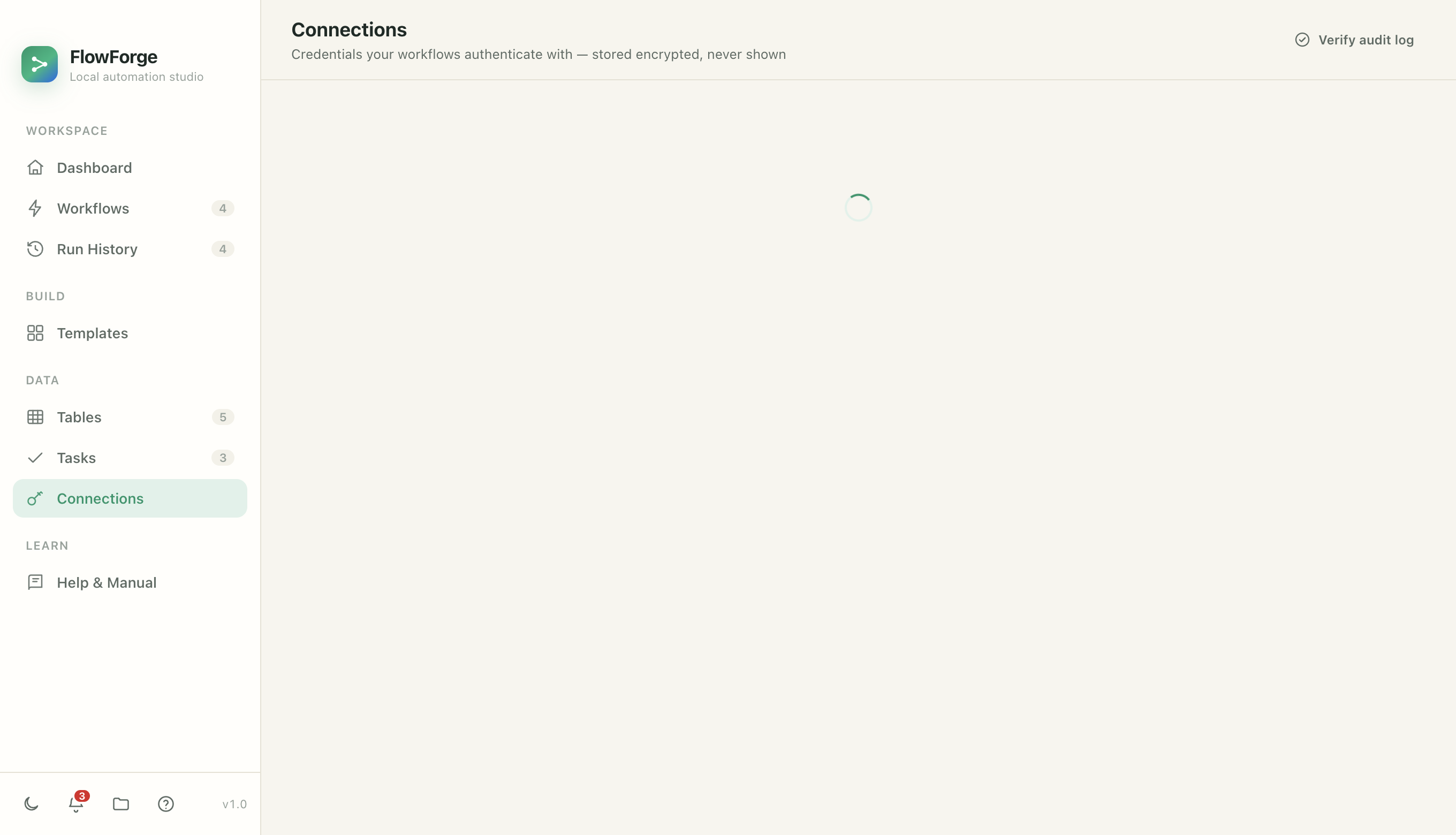 The connections screen where credentials are stored encrypted