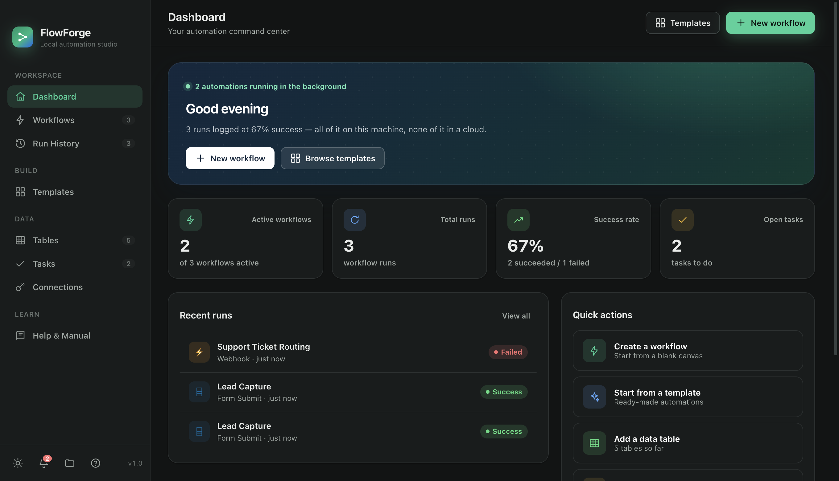 FlowForge dashboard in dark mode showing active workflows, run history, and stats