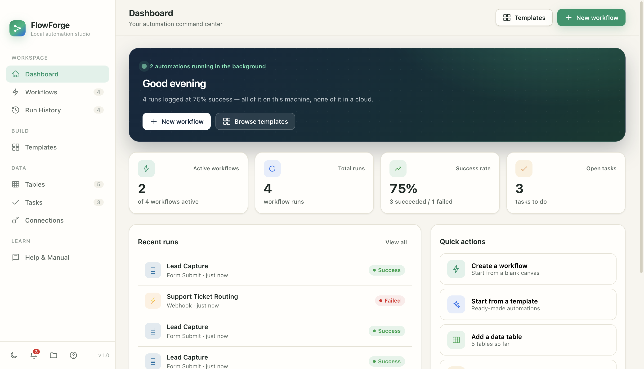 FlowForge dashboard showing active workflows, run history, and stats