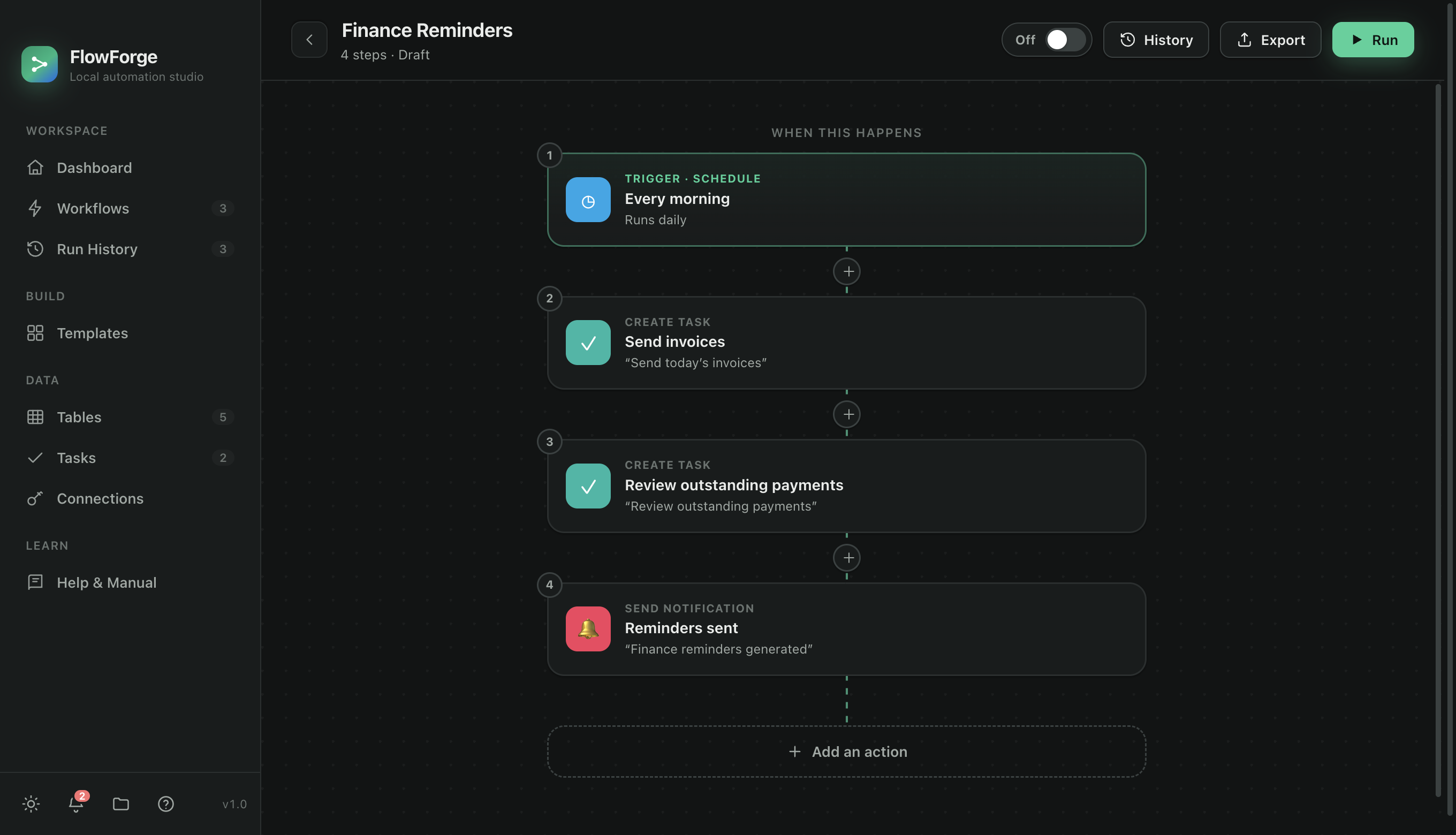 The FlowForge workflow editor in dark mode showing a trigger followed by filter, save, task, and notify steps