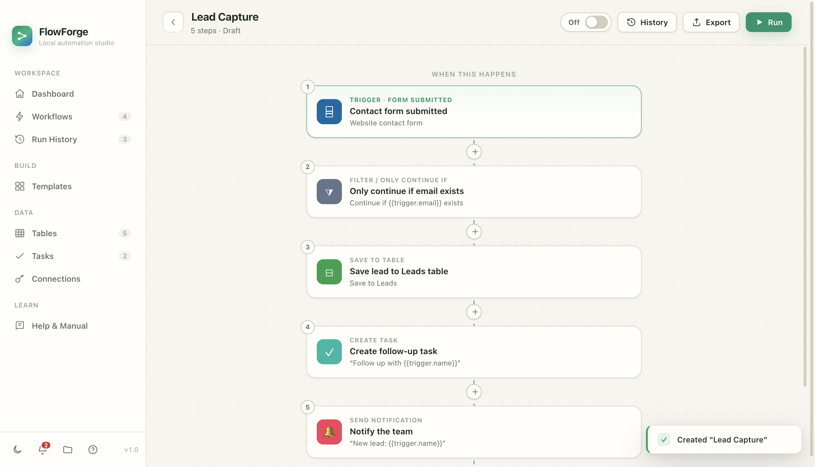 The FlowForge workflow editor showing a trigger followed by filter, save, task, and notify steps
