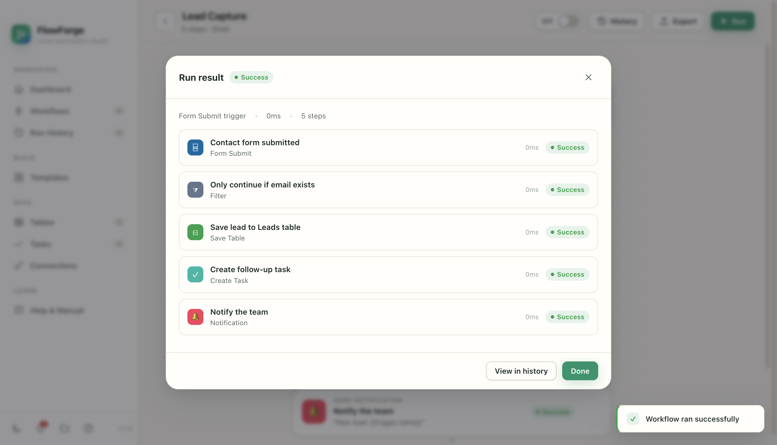 A run detail view showing each step, its status, duration, input and output